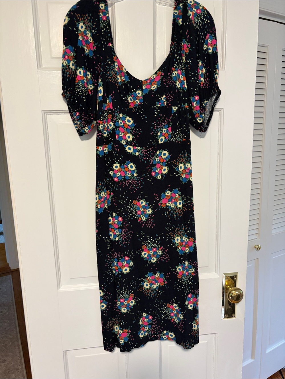 Anthropologie Black Midi Dress with Pink, Blue & Yellow Floral Print. Size 6